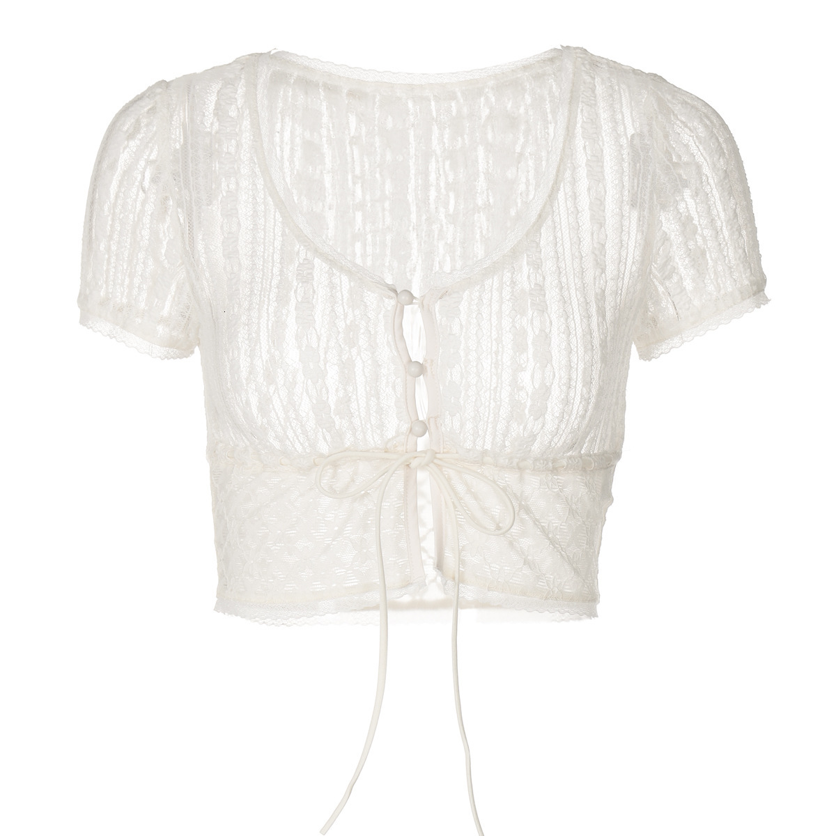 Ins Style New Hot Selling Sexy Ultra Short Exposed Navel Lace See Through Cardigan Slim Fit T-shirt Women's Clothing 2025 New Designer Clothing