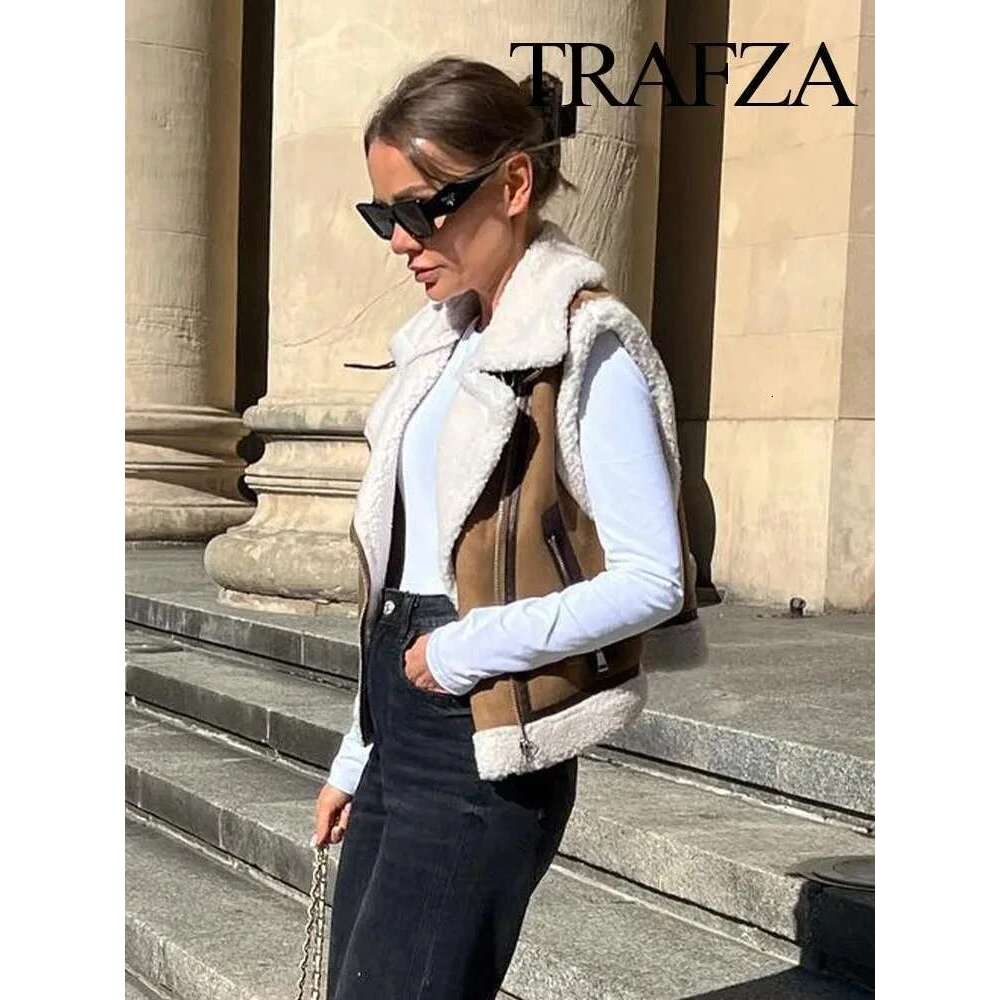 TRAFZA 2024 Winter Fashion Thickened Warm Zipper Jacket Imitation Leather Lamb Wool Patchwork Women's Slim Vest Y2k Designer
