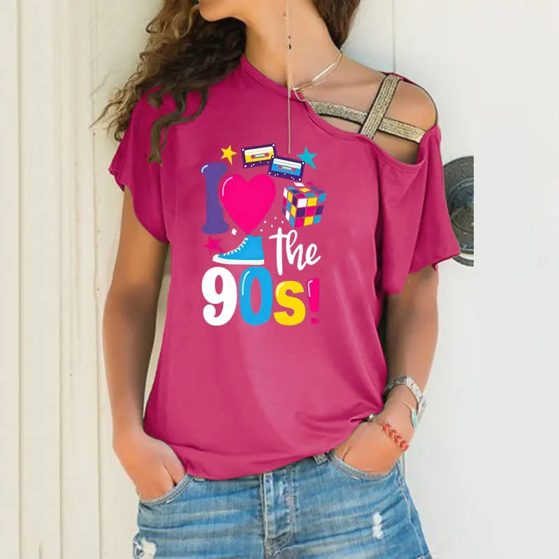 Fashion Womens t shirt Sexy Off Shoulder Short Sleeve 90s Retro Feeling Graphics Prin Irregular Skew Cross Bandage Tops Tees 250517