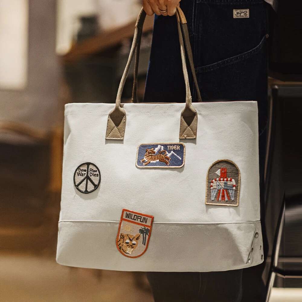 Maden New Vintage Embroidered Tote Large-Capacity Patchwork Handbag Versatile Single - Shoulder Unisex Style White Bags