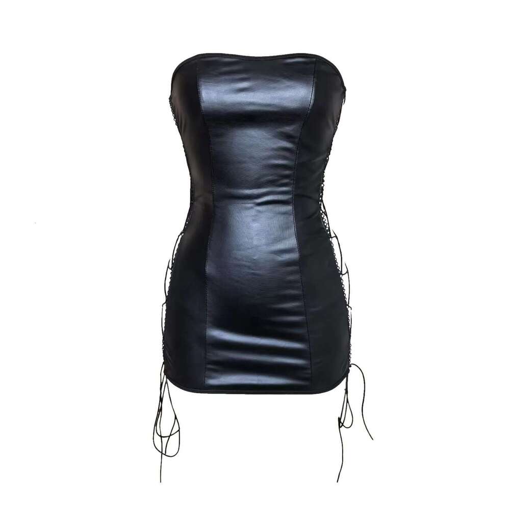 Seductive Women's Lingerie Faux Leather Strapless Mini Dress Side Lacing Openwork Womens Sleepwear Sexy Bodycon Clubwear