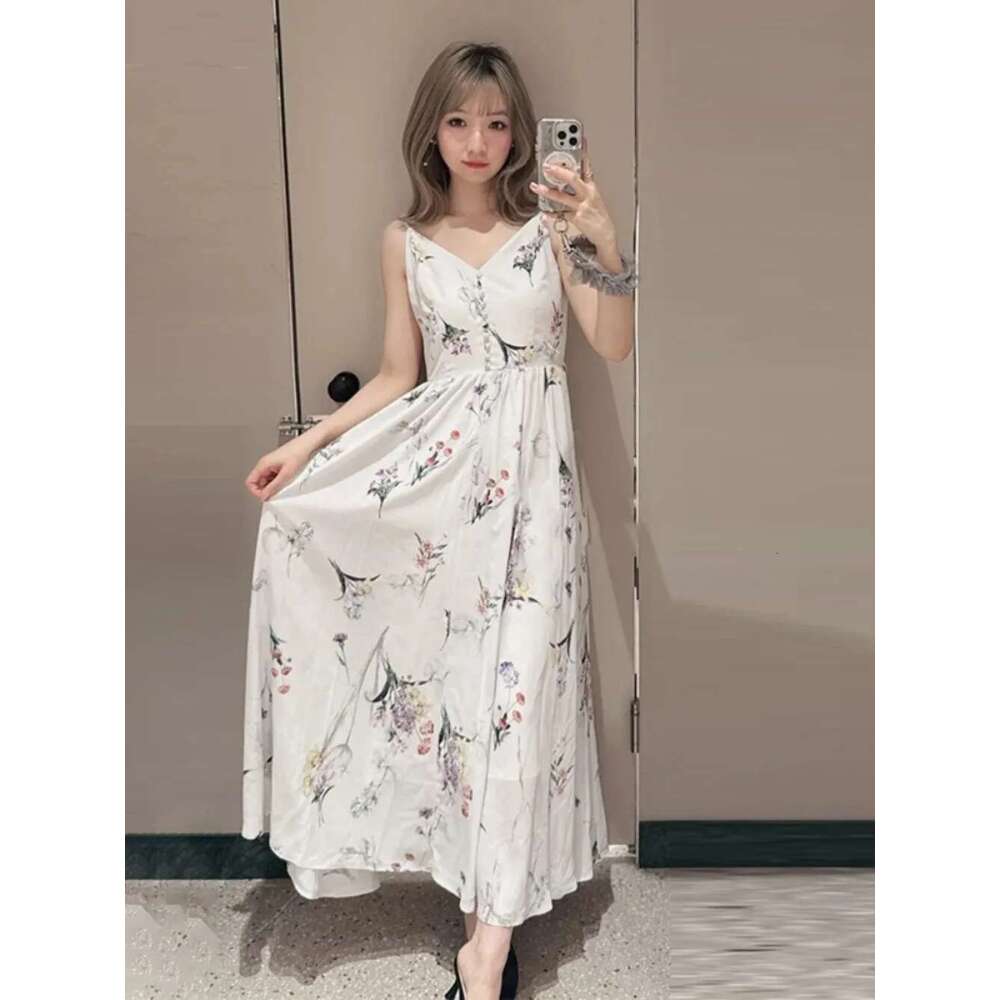 Kuzuwata Sweet Print V Neck Slim Waist Sling Robe High Street Fresh Mid-Length Big Swing Vestido Japan Pullover Ruched Dresses Designer