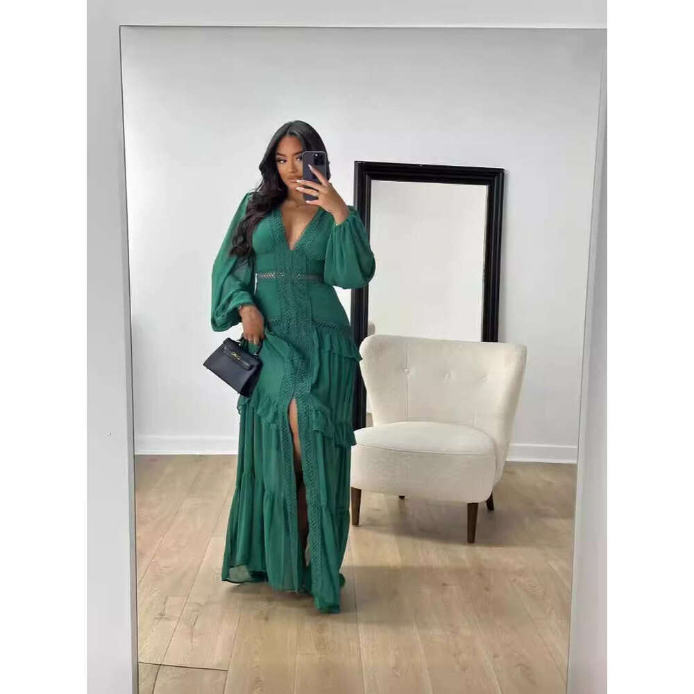 European American autumn winter temperament splicing sleeved V-neck dress women's long skirt 2025 new style chic and elegant clothing