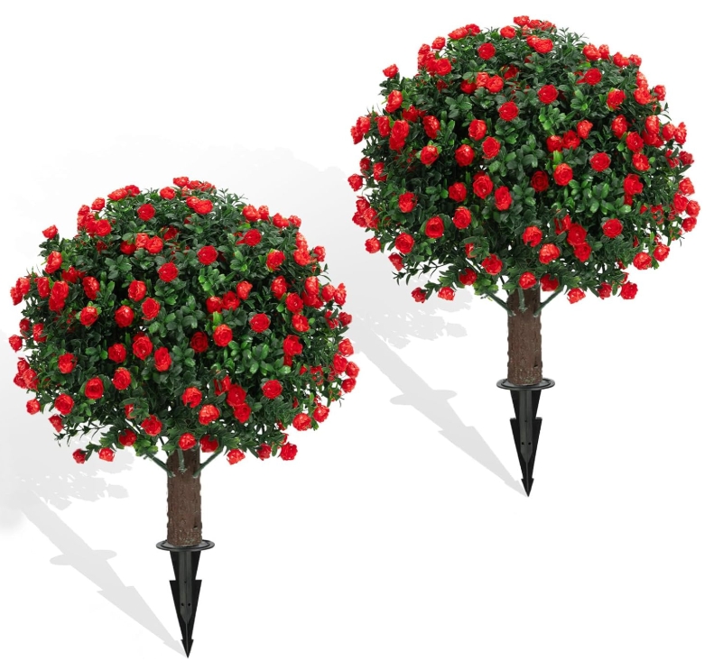Artificial Rose Boxwood Topiary Ball Bush for Outdoor with Ground Spike 22" UV Resistant Faux Greenery Shrubs