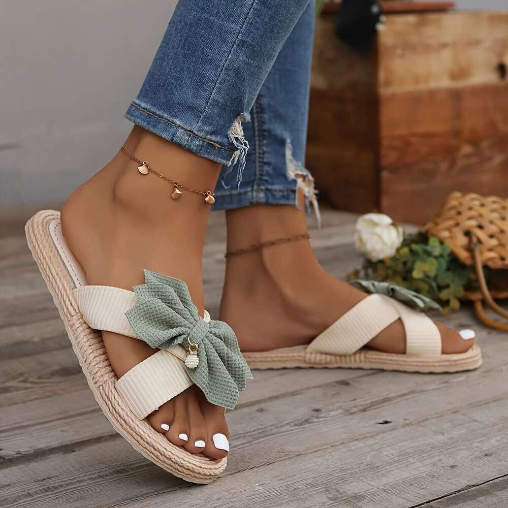 Breathable Linen Slides - Open-Toe Lightweight Comfort, Stylish Slip-On Shoes for & Relaxation, Vintage Round Toe Flat with Decorative Bow, Indoor Out