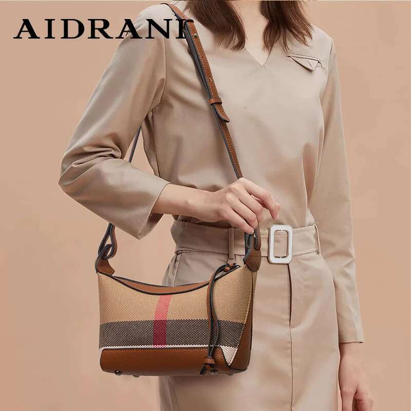 Aidrani 2024 Women's Fashion Genuine Leather Check Shoulder New Pattern Canvas Cowhide Crossbody Bag