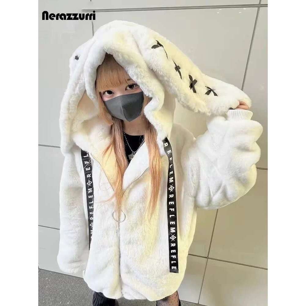 Nerazzurri Winter Sweet Kawaii Soft Thick Warm White Faux Fur Coat Women With Bunny Ears Cute Fluffy Jacket Hoodie 2024