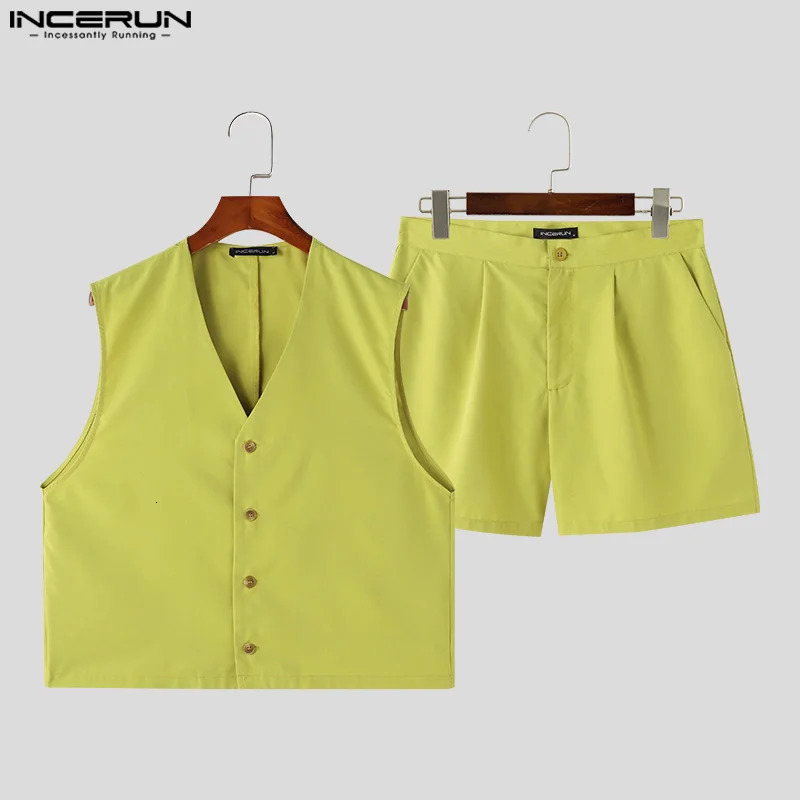 INCERUN Men Sets Solid Color V Neck Sleeveless Crop Vests Shorts Two Pieces Sets Streetwear Fashion Mens Casual Suits 250519