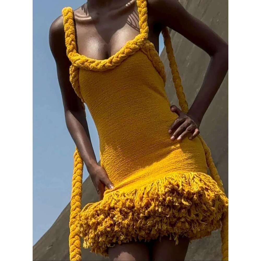 Solid Hand-Woven Fringe Mini Women Summer Party Bandage Dresses U Neck Backless Halter Elegant Slim Dress