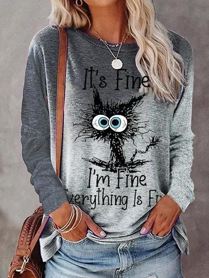 2025 New Women's Plus Size Pet Cat Printed Designer Clothing Round Neck Long Sleeve T-shirt Fashion Trendy Clothing