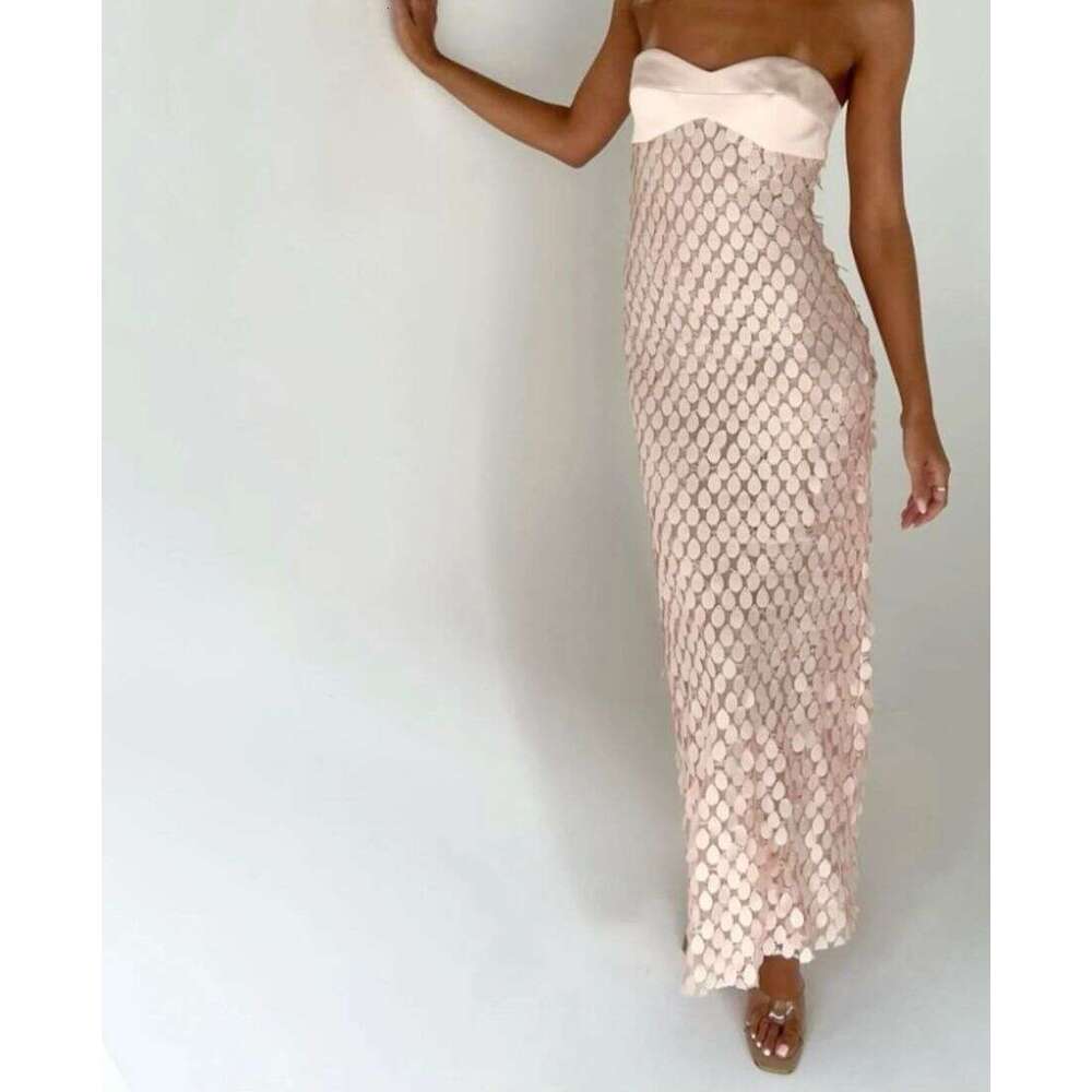 Spring and summer strapless texture fabric lace bead backless long sequined dress 2025 temperament versatile new trendy clothing ins