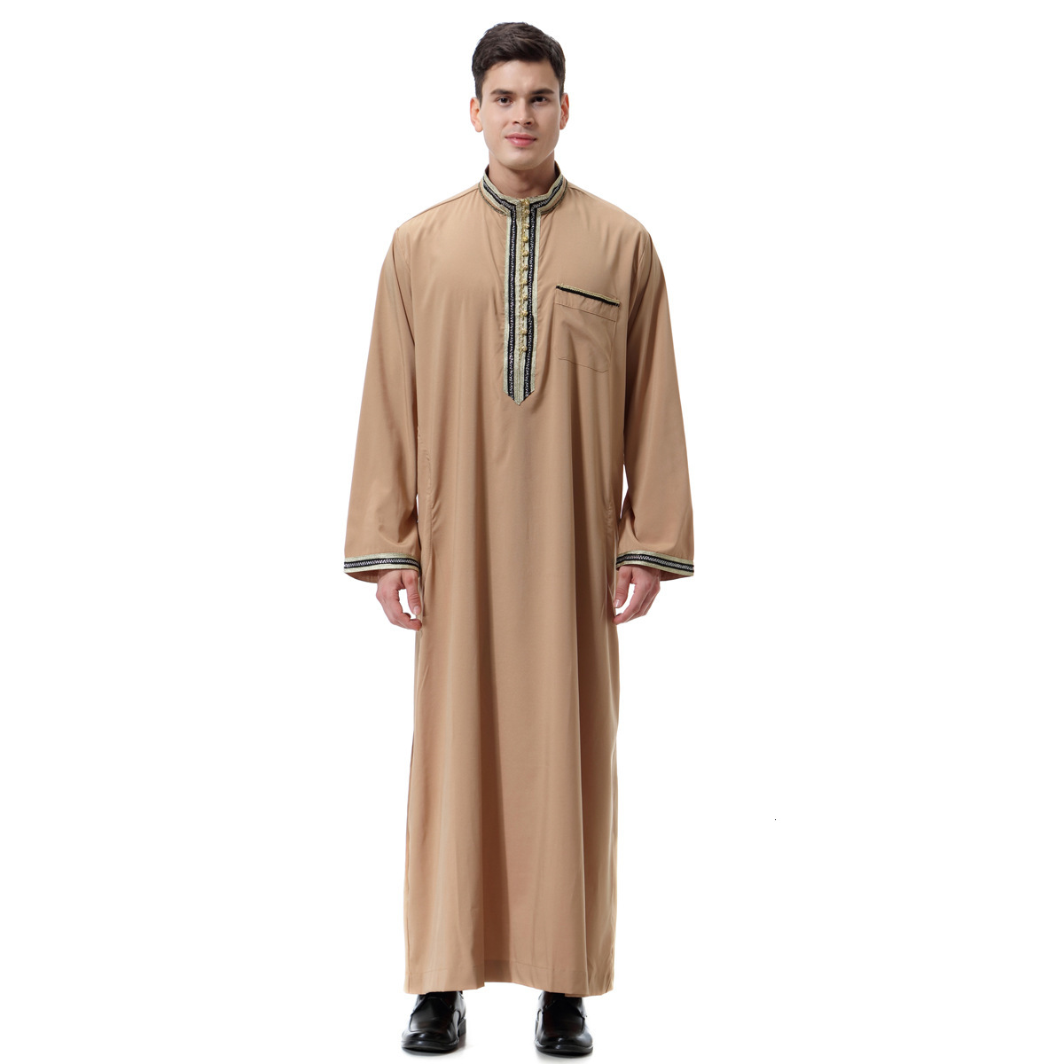 Designer Clothing Men's Decal Standing Collar Dubai Tourism Ethnic Clothing White Robe Two-piece Set Long Sleeved Design 2025 New Model