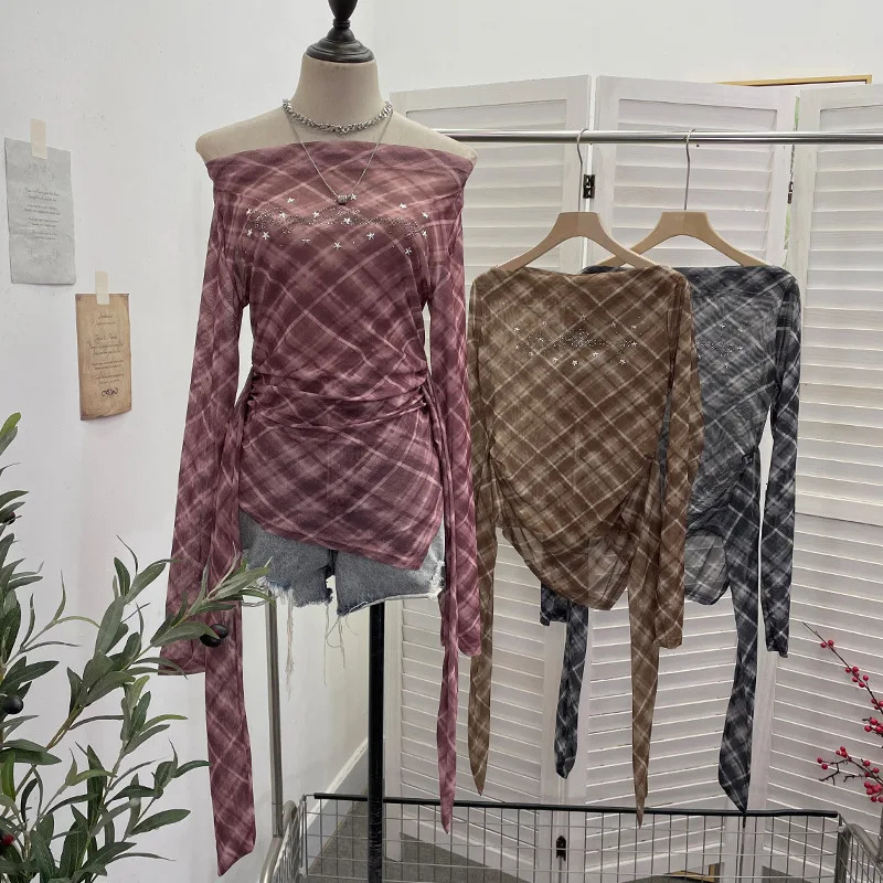 Women Vintage Plaid Mesh Long Sleeve Shirt Sexy One Shoulder Backless Irregular Ribbon Y2K Short Top Partyclub Streetwear 8073 250517