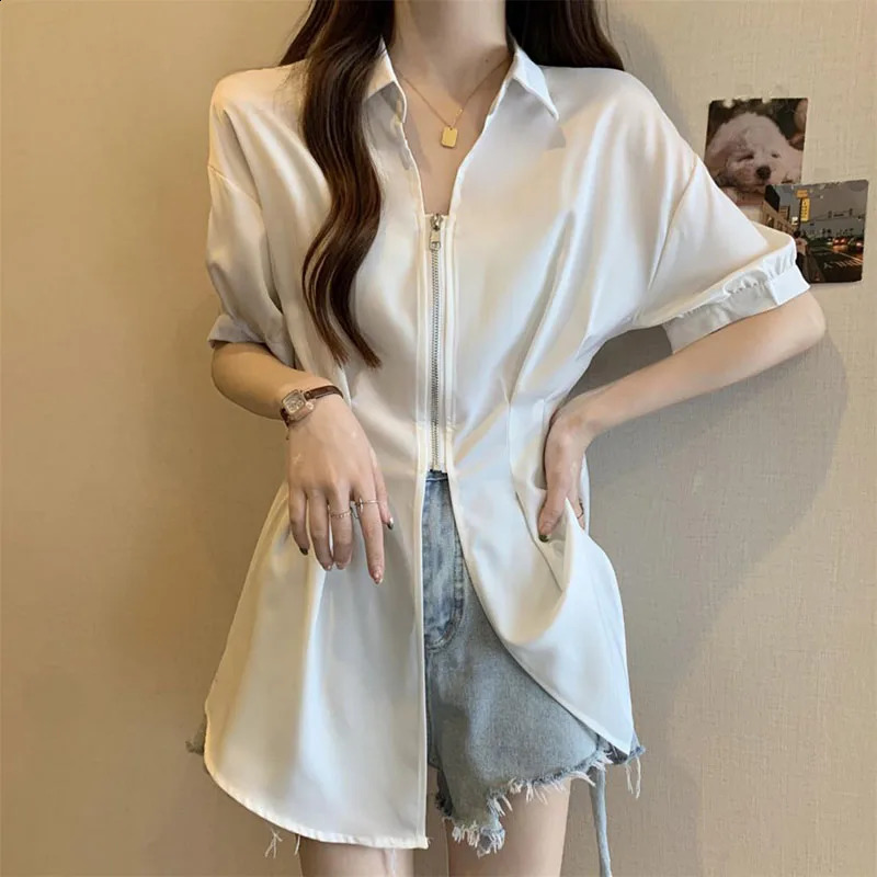 2025 Summer Short Sleeve Shirt Korean Fashion Slim Fit Zipper Blouse Woman Simple AllMatch n Turndown Collar 250516Z