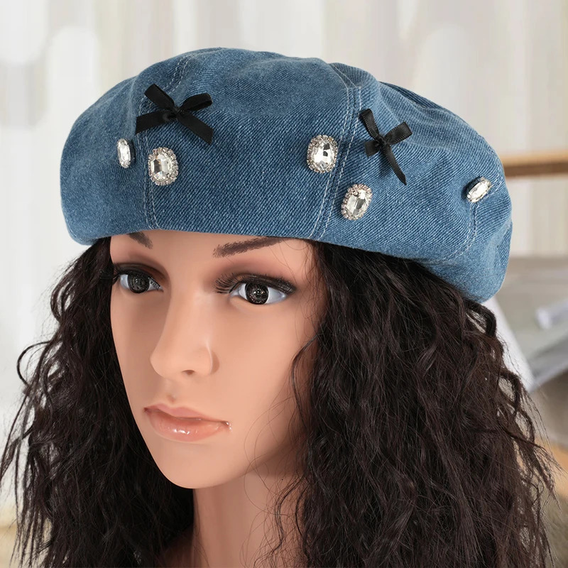 Mini Bows Rhinestones Buttons Beret Hats Womens Elegant Denim Artist Hat Fashion Soft Painters Cap Party Casual Pumpkin Cap 250520