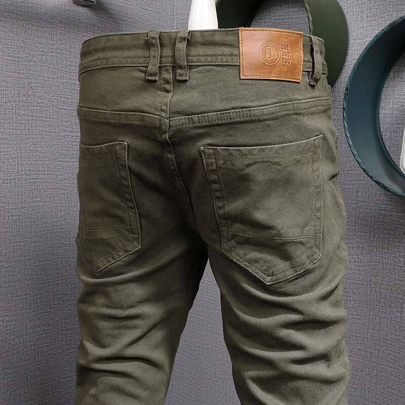 Streetwear Fashion Army Green Elastic Slim Fit Spliced Designer Biker Jeans Men Stretch Hip Hop Denim Pencil Pants