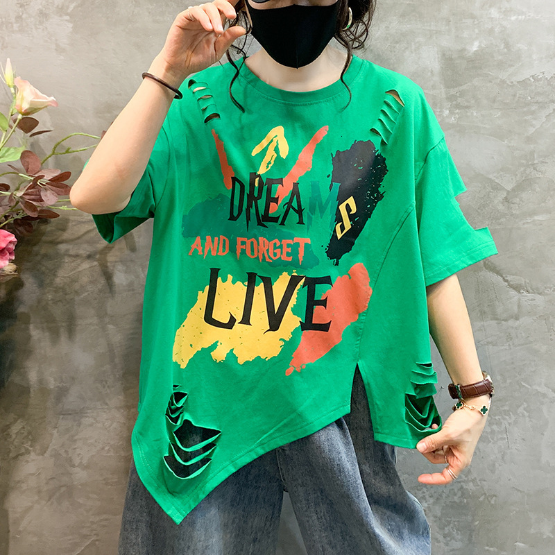 Designer Clothing Plus Size Women's Ripped Top Fashionable Loose Casual Letter Graffiti Short Sleeved T-shirt For Women 2025 New Style