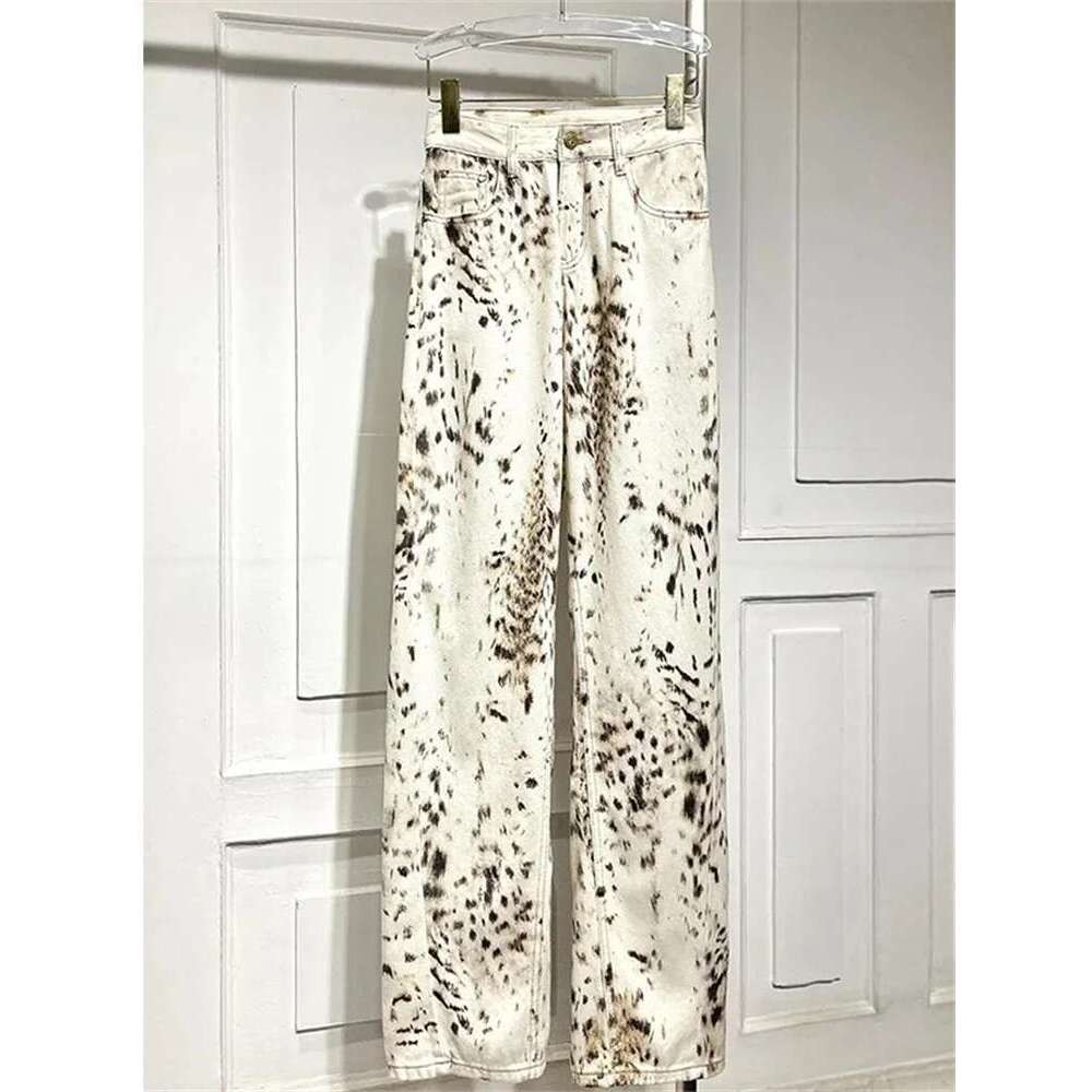 Leopard Print Straight Wide Leg Women Waisted Retro Jeans Streetwear Y2k Vintage Pants High Street Denim Trousers