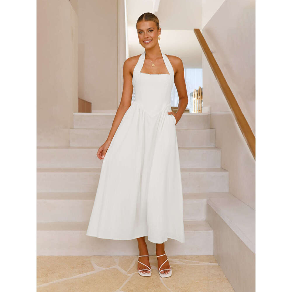European and American women's 2025 solid color square cinched waist hanging neck backless dress new style temperament chic elegant clothing