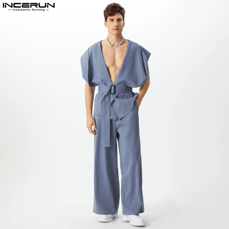 INCERUN American Style Sets Fashion Sexy Mens Hooded Silhouette Belt Vest Wide Leg Pants Casual Male Two-piece Sets S-5XL 250519