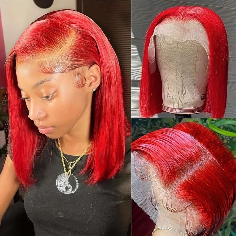 13x4 Red 150% Density Straight HD Transparent Lace Front Wigs Human Hair Colored Bob Wig
