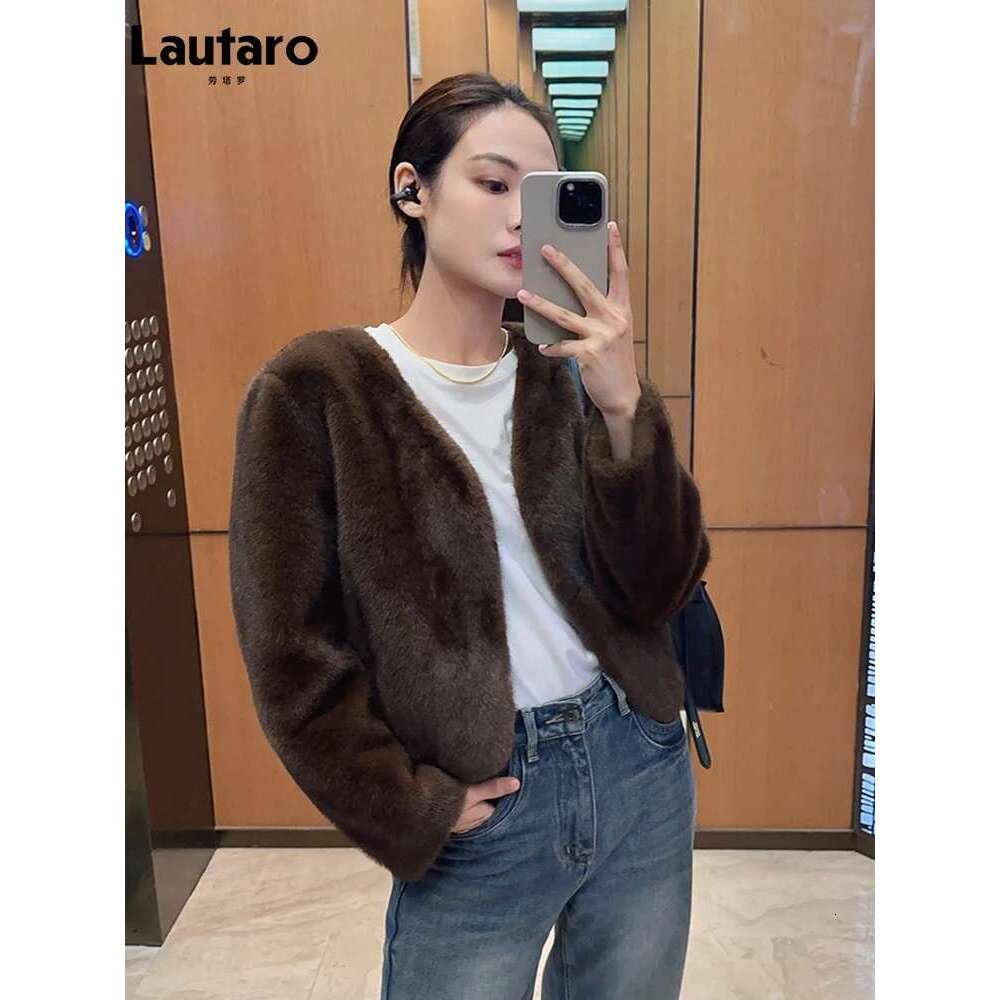 Lautaro Autumn Winter Chic Soft Thick Warm Brown Faux Mink Fur Coat Women with Deep V Neck Long Sleeve Fluffy Jacket 2024