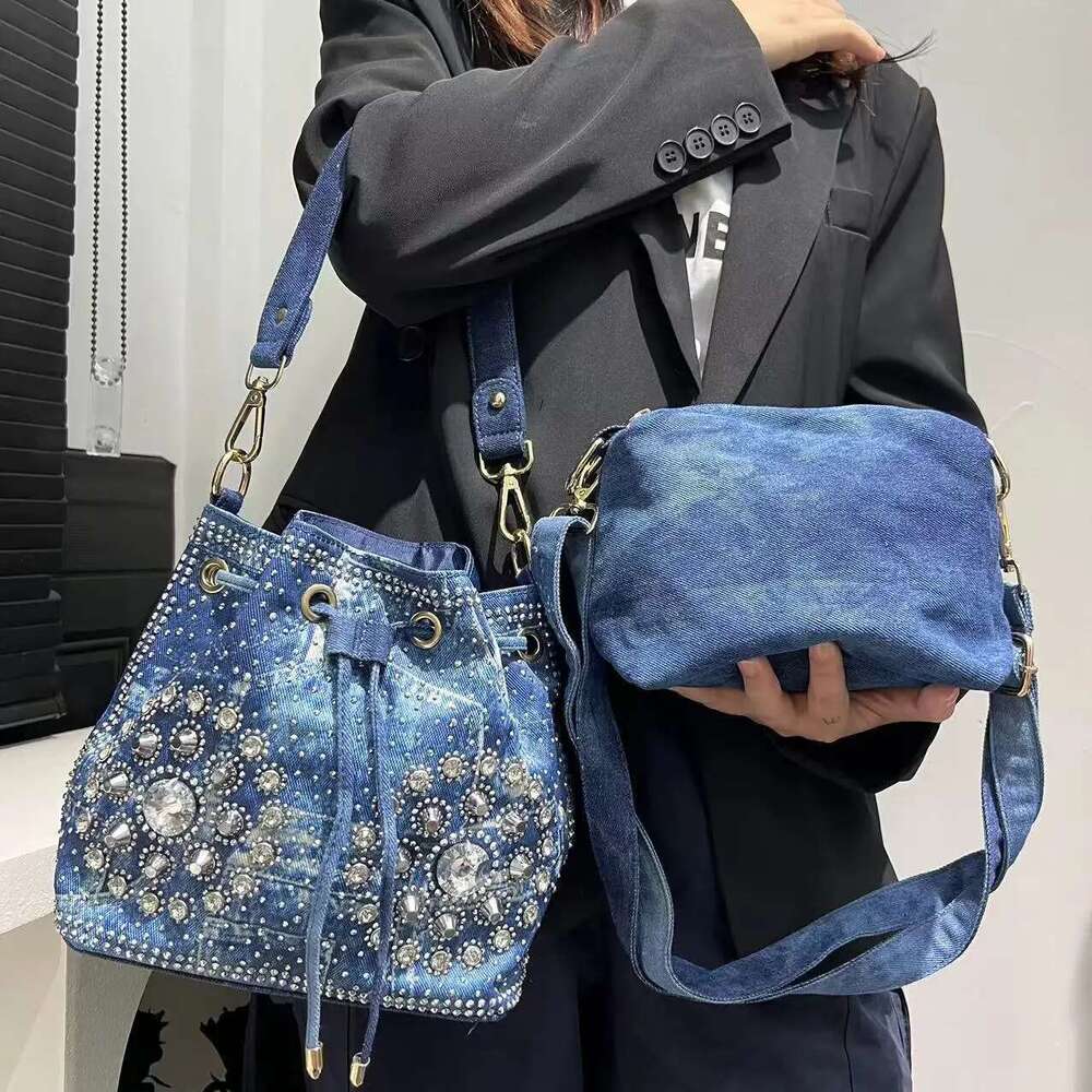 Women's Fashion Elegant Shoulder Bag Large Capacity Drawstring Dia Denim Handbag