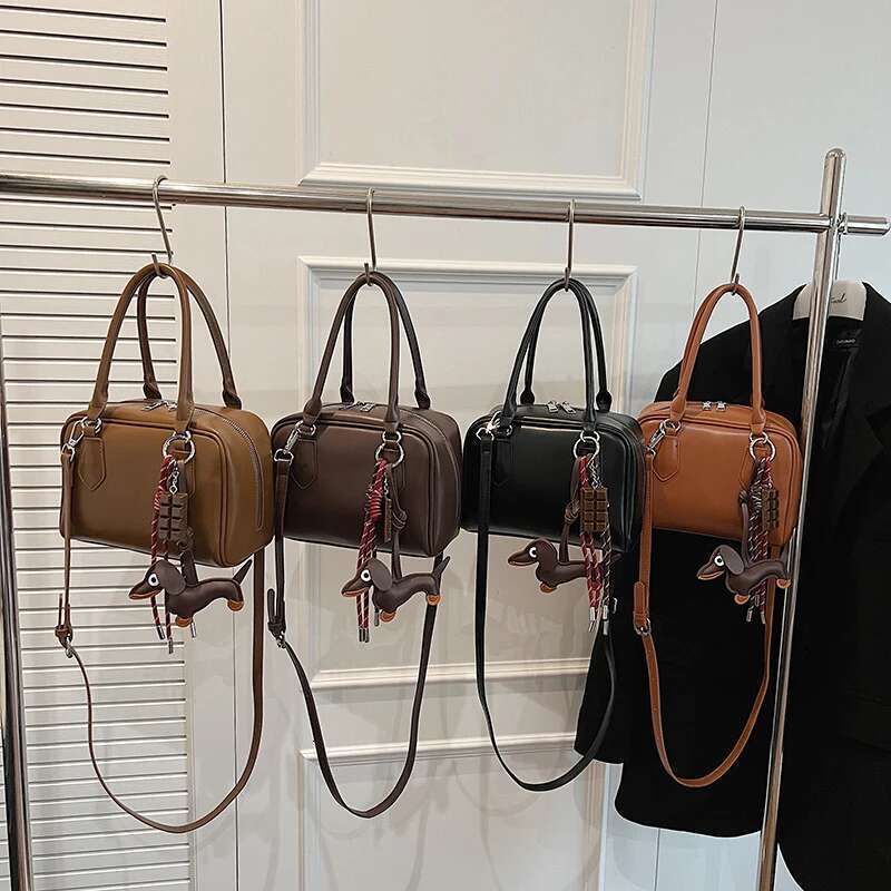 Women's Pu Leather Cute Mini Boston Handbag Retro Brown Bowling Crossbody High-End Korean Shoulder Bag Ladies Versatile Tote