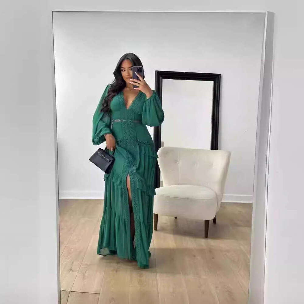 European American autumn winter temperament splicing sleeved V-neck dress women's long skirt 2025 new style chic and elegant clothing