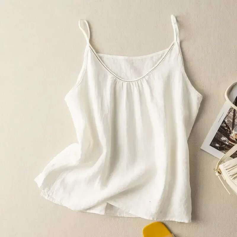 Fashion COTTON Linen Spaghetti Strap Tank Solid Versatile Women Top New Summer 2024 Casual Loose Retro Black Tanks & Camis