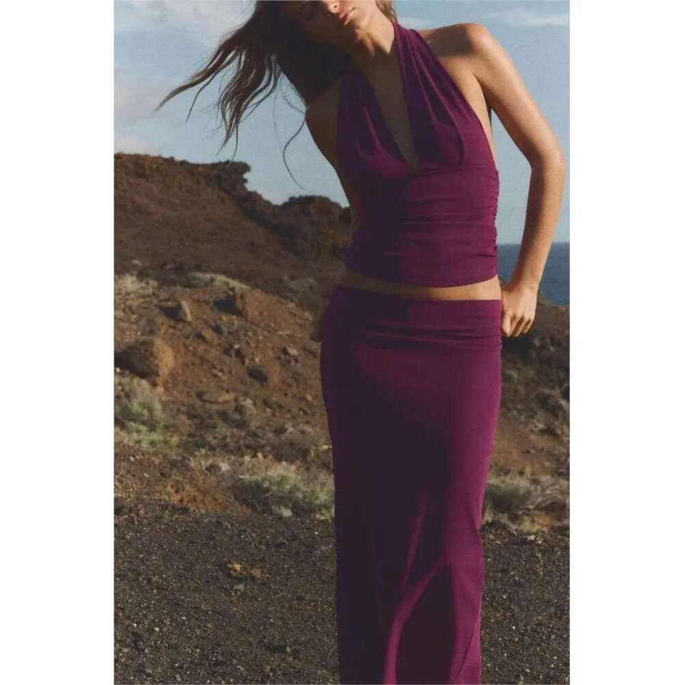 TRAF Elastic Skirt 2 Halter Backless V Neck Women's Top High Waist Midi Skirts Two Piece Set Women Outfit
