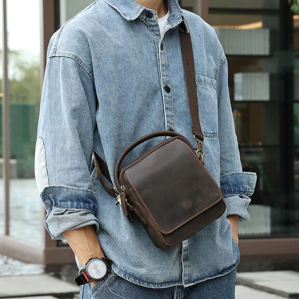 JOYIR Crazy Horse Leather Small Messenger Bag Men Vintage Shoulder Crossbody Bags For 7.9"Ipad Work Business Travel Handbag