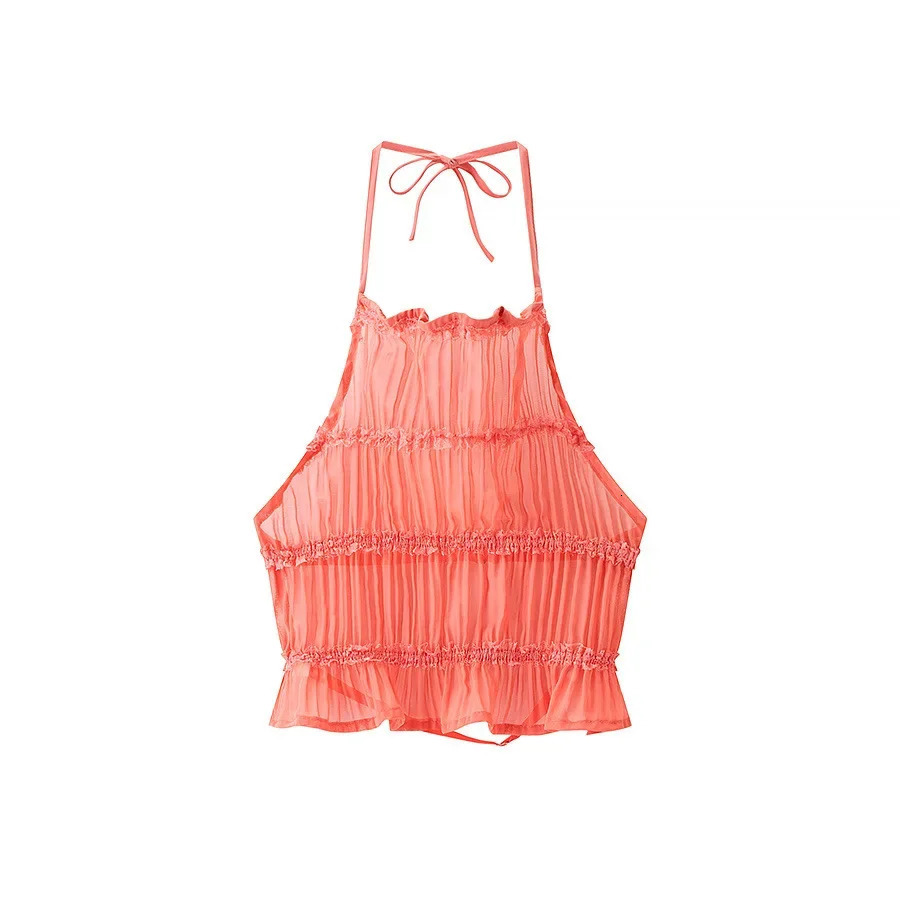 ZBZA Women Pleated Top Midi Skirt Set Slim Fit Halter Neck Adjustable Back Tie Solid Elastic Waist Aline Summer Suit 250520