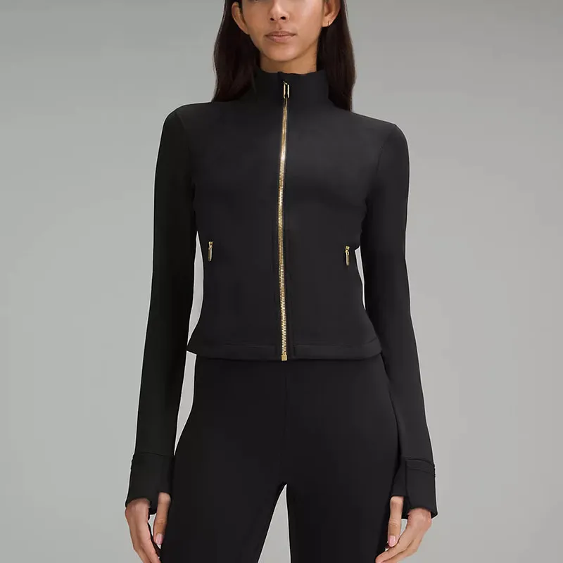 Gold Zipper Yoga Jacket Women Designer Cropped Full Coat Stand Up Collar Yogo Outfits Long-Sleeve Thumb Hole Training Sports Sweateshirt Slim Fitness Gym Clothes