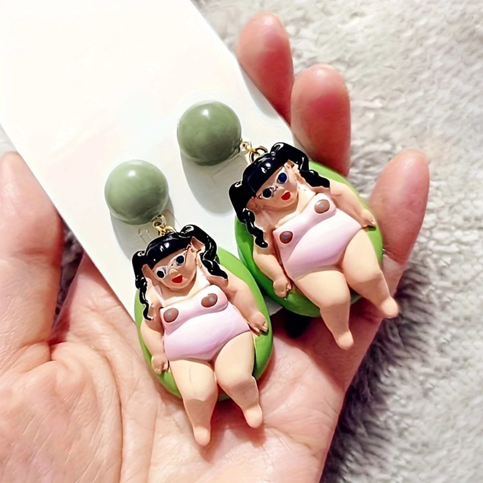 A Pair of Cartoon Exaggerated and Funny Chubby Girls naomi watanabe with Swimming Ring Earrings 250520