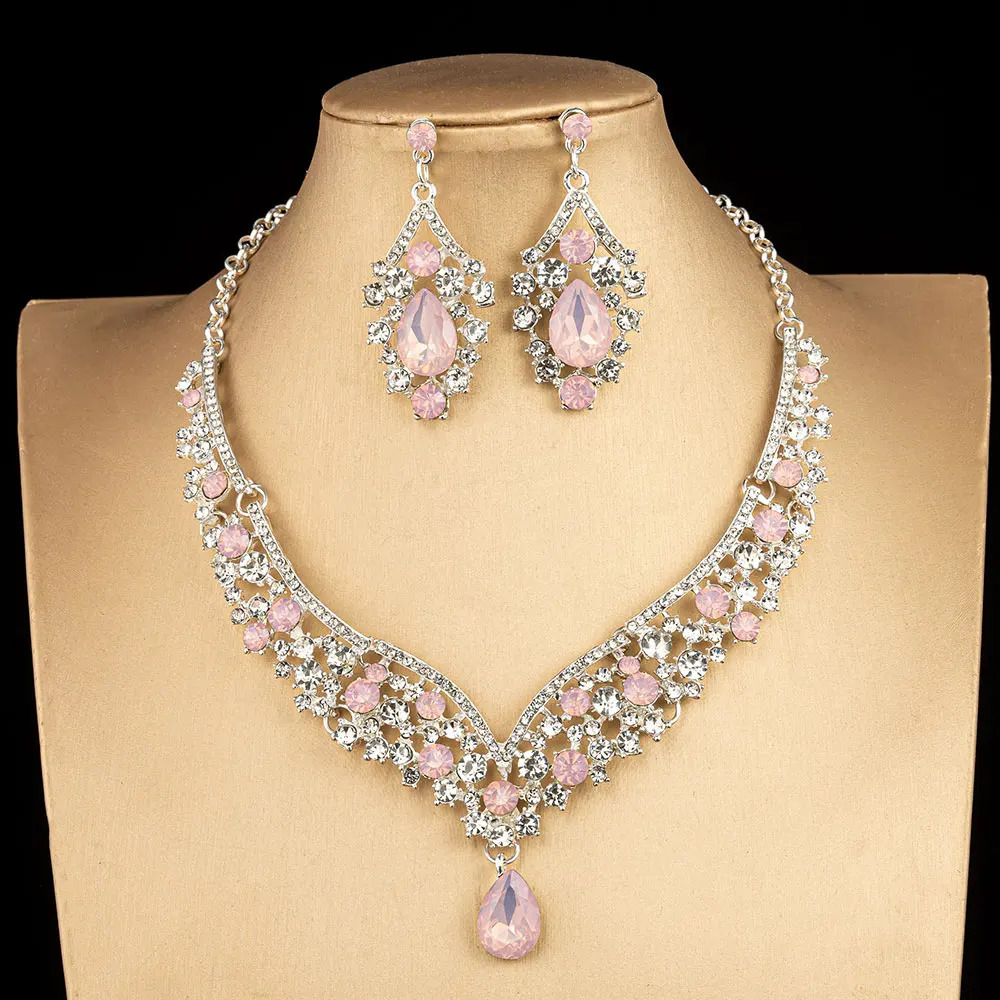 KMVEXO Crystal Opal Choker Necklace Earrings Set Rhinestone Bridal Jewelry Sets for Bride Wedding Party Costume Bijoux 250520