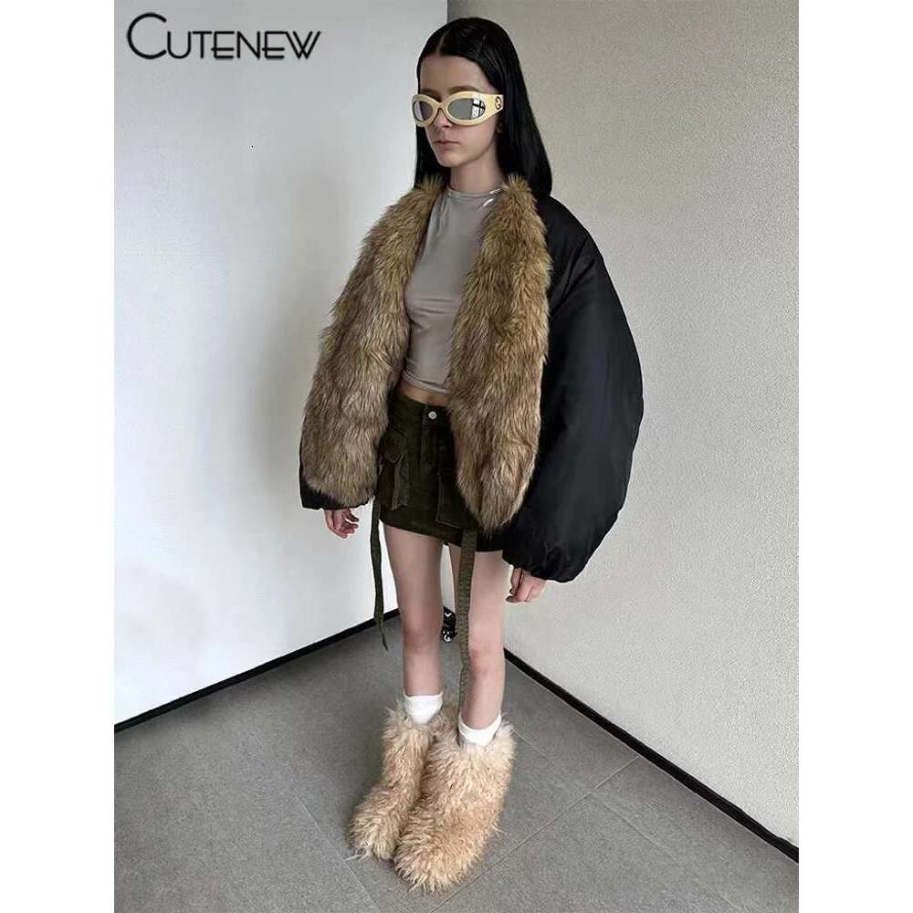 Cutenew Patchwork Long Sleeve Elastic Furry Down Jacket Women's Winter Casual Warm Lady High Street Padded Coats Top Designer