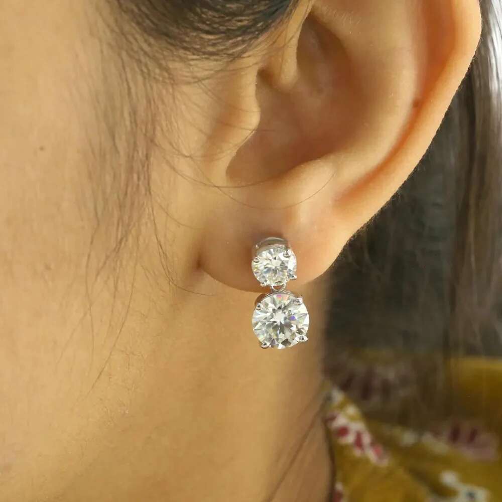 5.6cttw Dangle Drop Double Stone Moissanite Earrings For Women Round Cut Diamond 925 Sterling Silver Engagement Wedding Jewelry