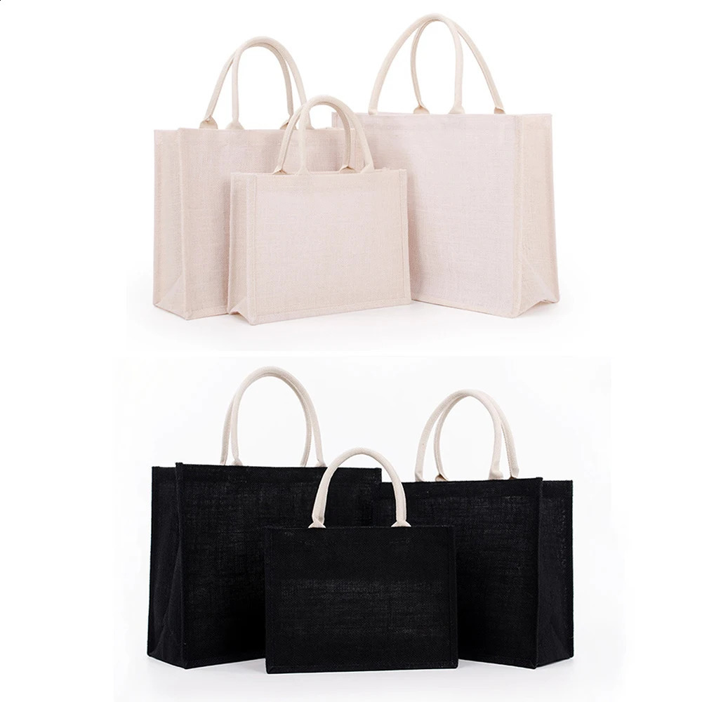 Burlap Shopping Tote Bag Blank Jute Beach Handbag Black White Reusable Stroage Bags Gift Bags For Grocery Crafts Birthday Party 250516