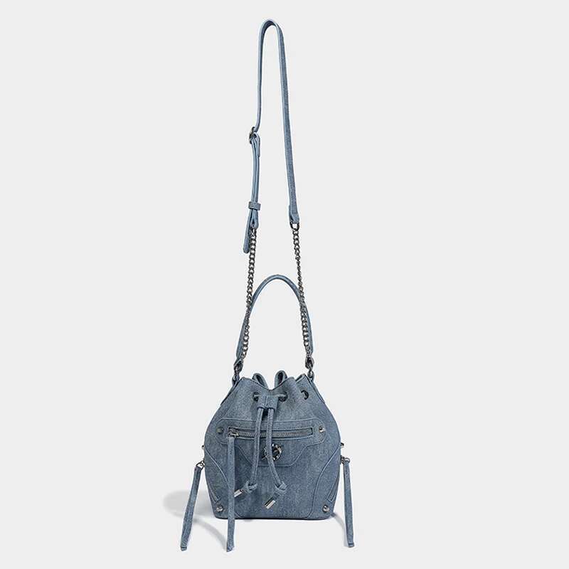 Denim Bucket Bags For Women Designer Handbags And Purses 2024 New In Fashion Rivet Chain Decoration Shoulder Crossbody