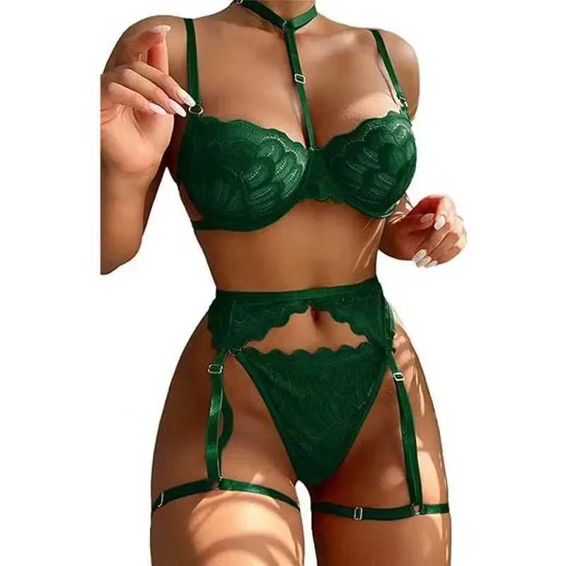 Sexy Interesting Underwear For Women Halter Bra Garter Belt Girdle Suit Solid Color Mesh See-Through Sexy Lingerie Set R250520