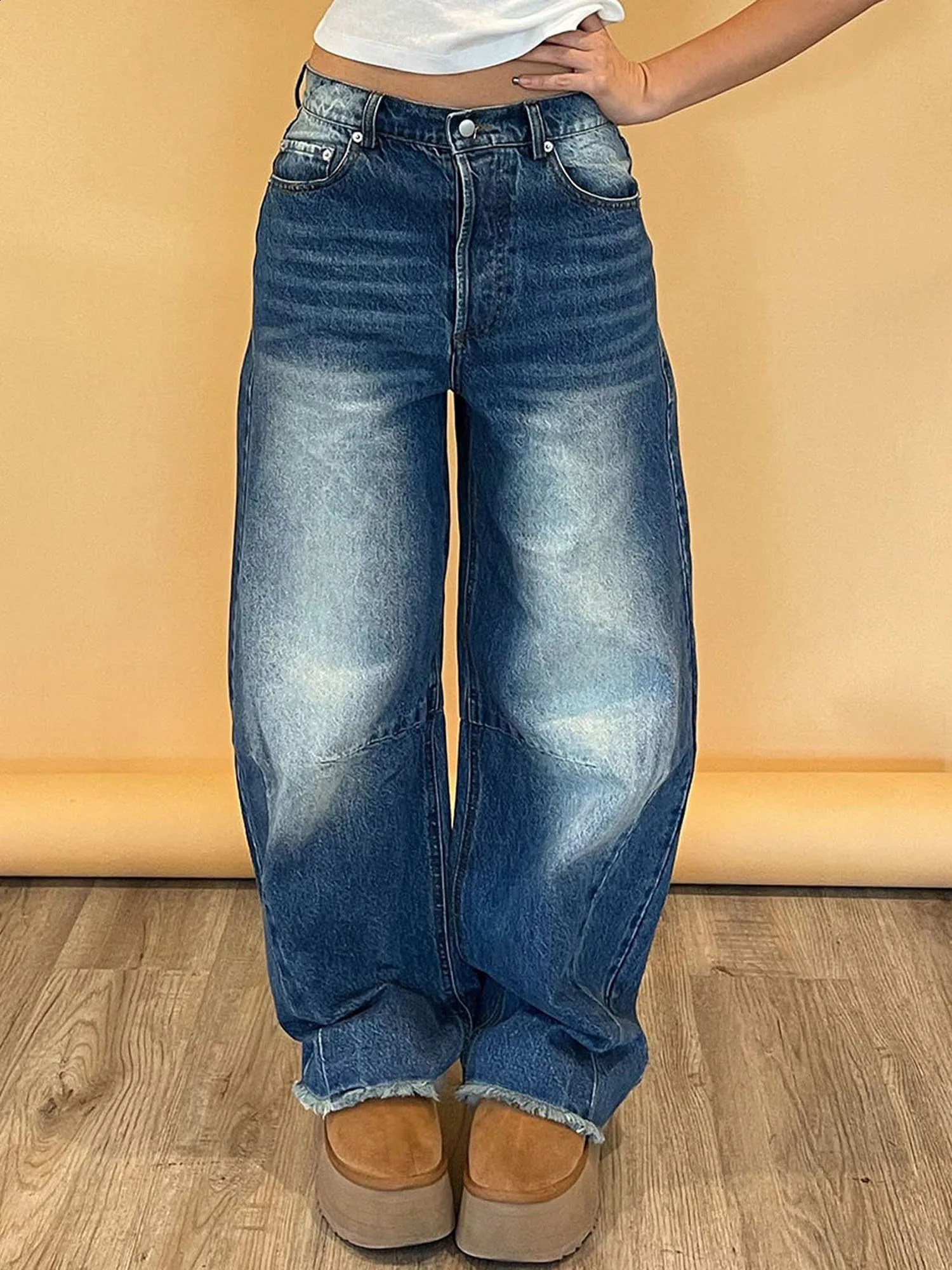 Women s Vintage High Waist Wide Leg Jeans Pants Retro Washed Blue Loose Barrel Denim Trousers for Spring 250513Z