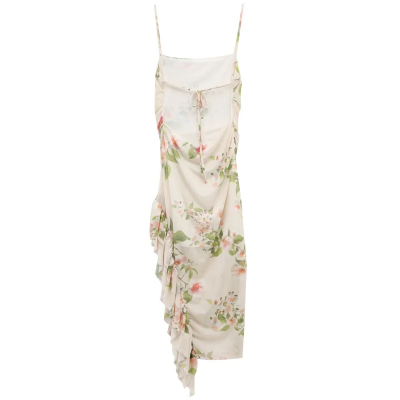 TRAF Womens Print Slip Dress Summer Casual Midi Backless Layered One Piece Resort Ruffled Sleeveless Vestidos 250520