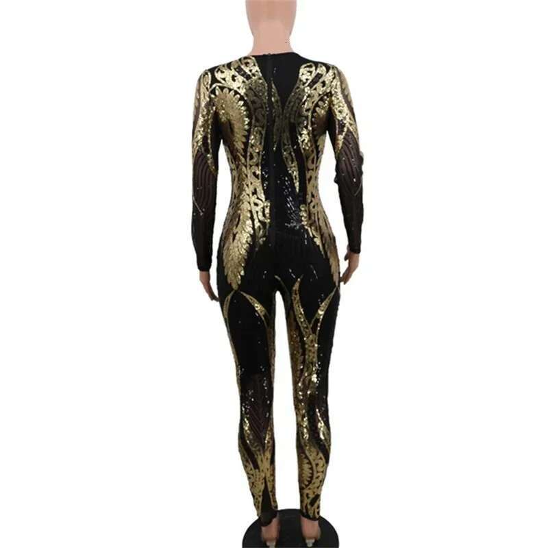 Fashion Patterned Sexy See-Through Jumpsuit Women Slim Fit Pencil Trousers Rompers Female Party Club Nightclubs One-Piece Pants