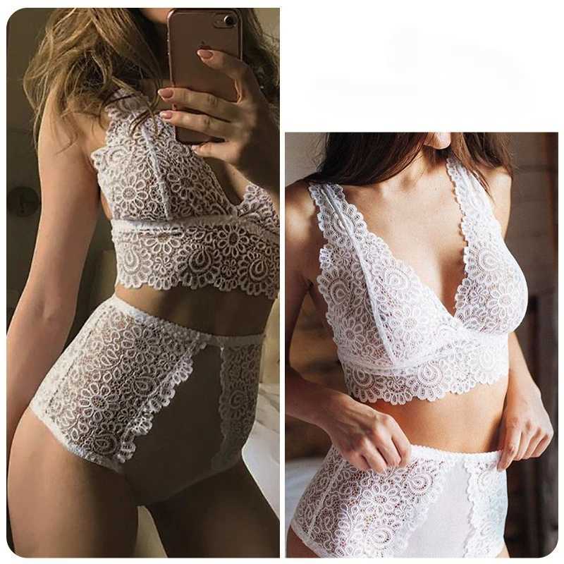 Sexy Lingerie Set Solid Color Deep Sex Lace Patchwork See-through Set Sexy Hollow Out Womens Underwear Set New R250520