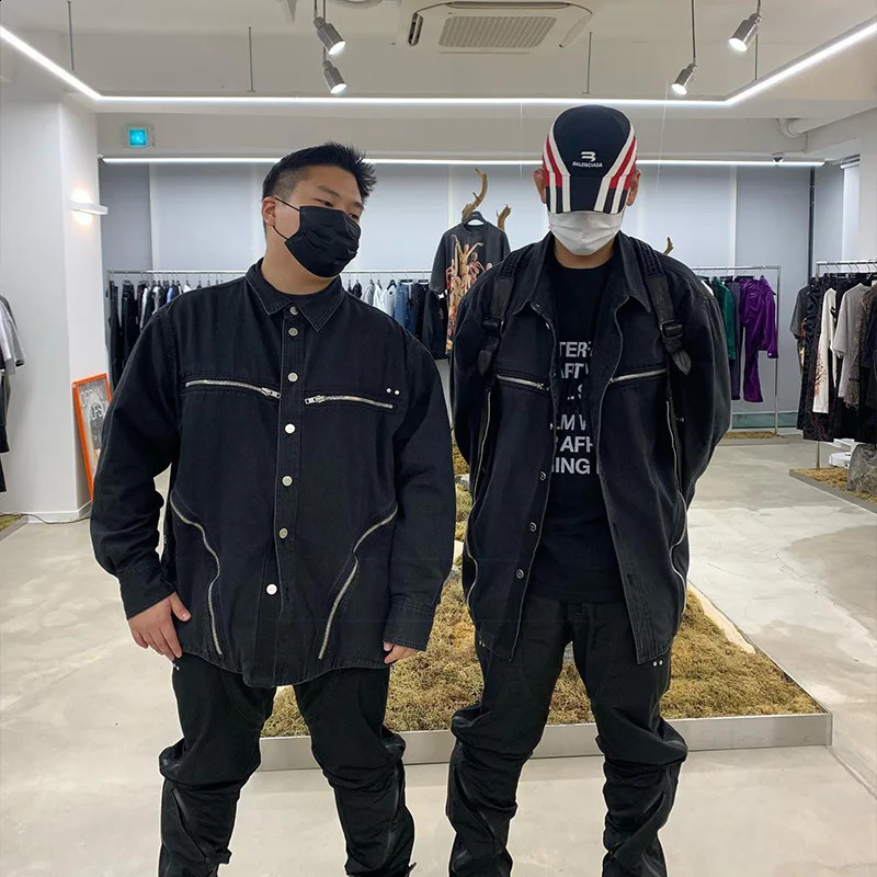 PFNW Washed Old High Street Black Denim Jacket Mens Fashion Arcade Zipper Pocket Oversized Single Breasted Coat 28W5520 250516