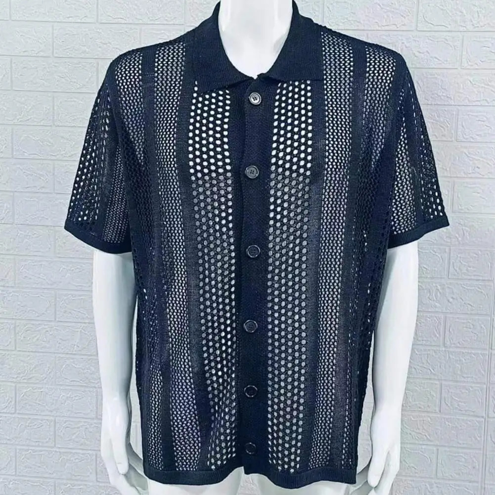 Summer Thin Knit Men s Shirt With Short Sleeves And Hollowed Out Cardigans European American Muscle Clothing Top 250520
