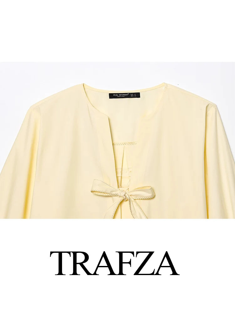 TRAFZA Women Casual Lace Up Shirt With Bow Summer Long Sleeve Loose Female Shirts Puff Blouses Office Top 250520