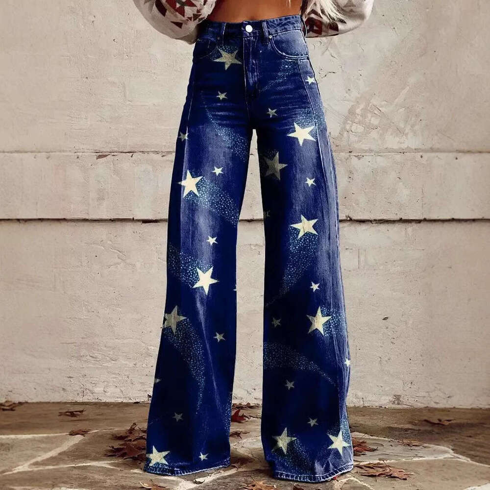 2025 Trendy High-Waisted Wide-Leg Jeans for Women - Printed Stretch Casual Style