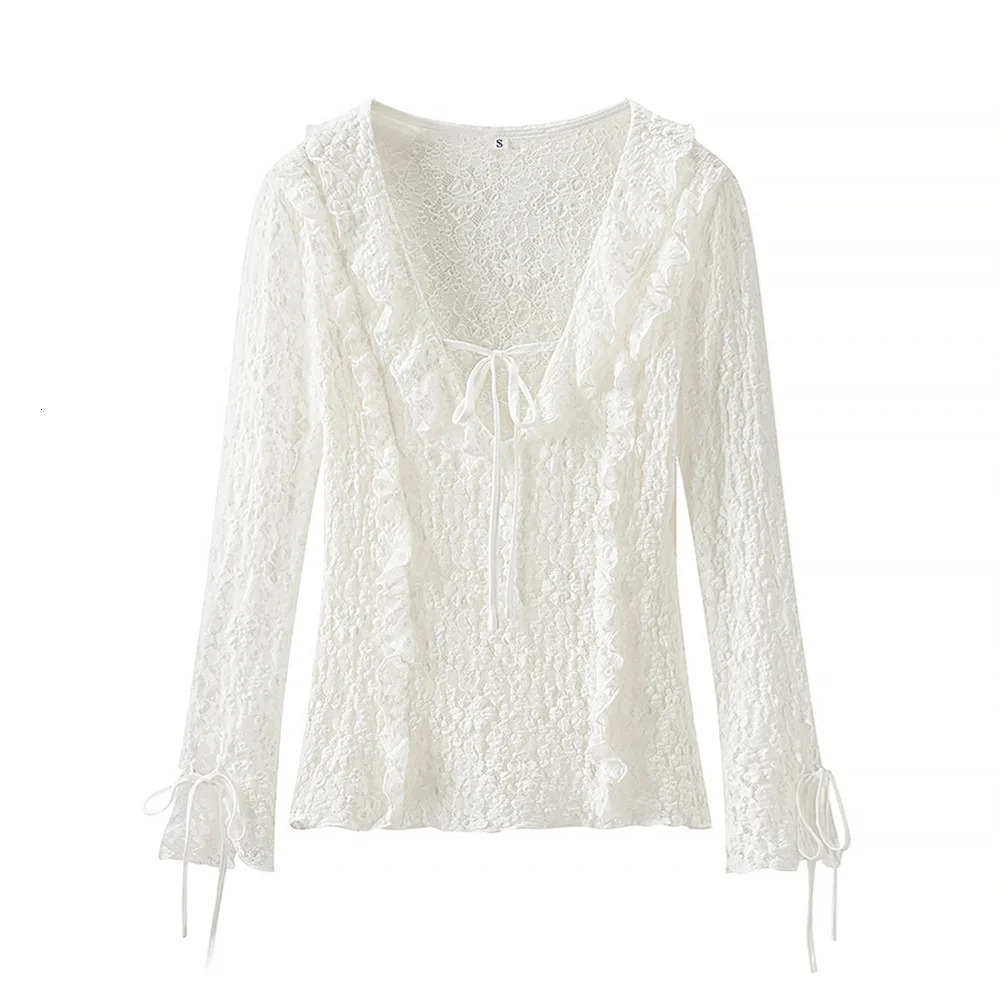 UNIZERA Womens Ruffle Slim Lace Long Sleeve Shirt Solid Color Decoration SpringSummer Product Casual Wear 250520